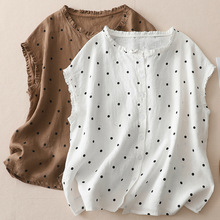 实拍现货复古色织波点棉麻衬衫女气质木耳领衬衣夏季短袖减龄上衣