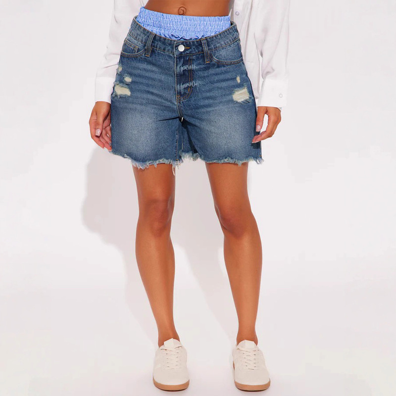 European and American Size Denim In-Stock Dropshipping Fake Two-Piece Shorts with Unique Patchwork Design, Exclusively for Temu, Amazon, and Lazada Cross-Border Sales
