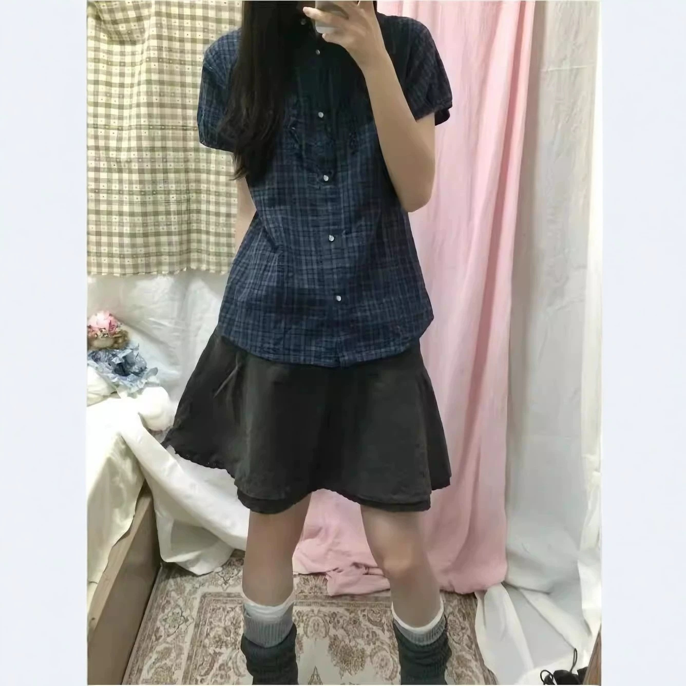 棉色织格蓝色格子衬衫短袖女夏超火独特漂亮巨好看