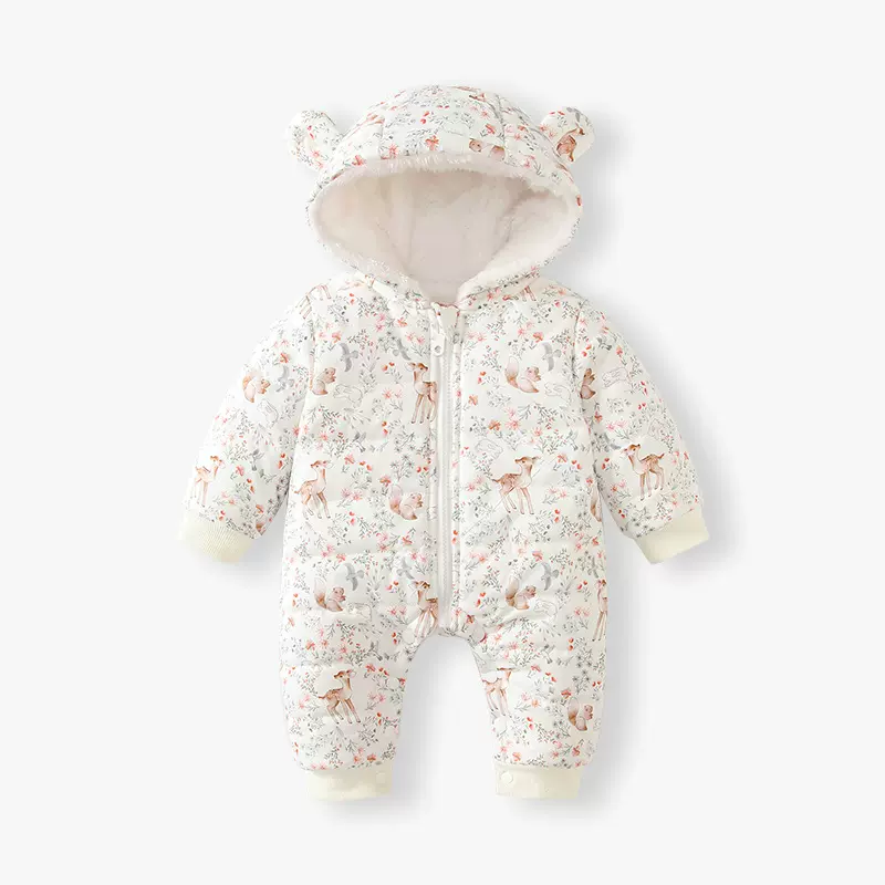 2025新款棉服冬季婴儿连体衣连帽卡通加厚爬服圣诞鹿宝宝哈衣ins
