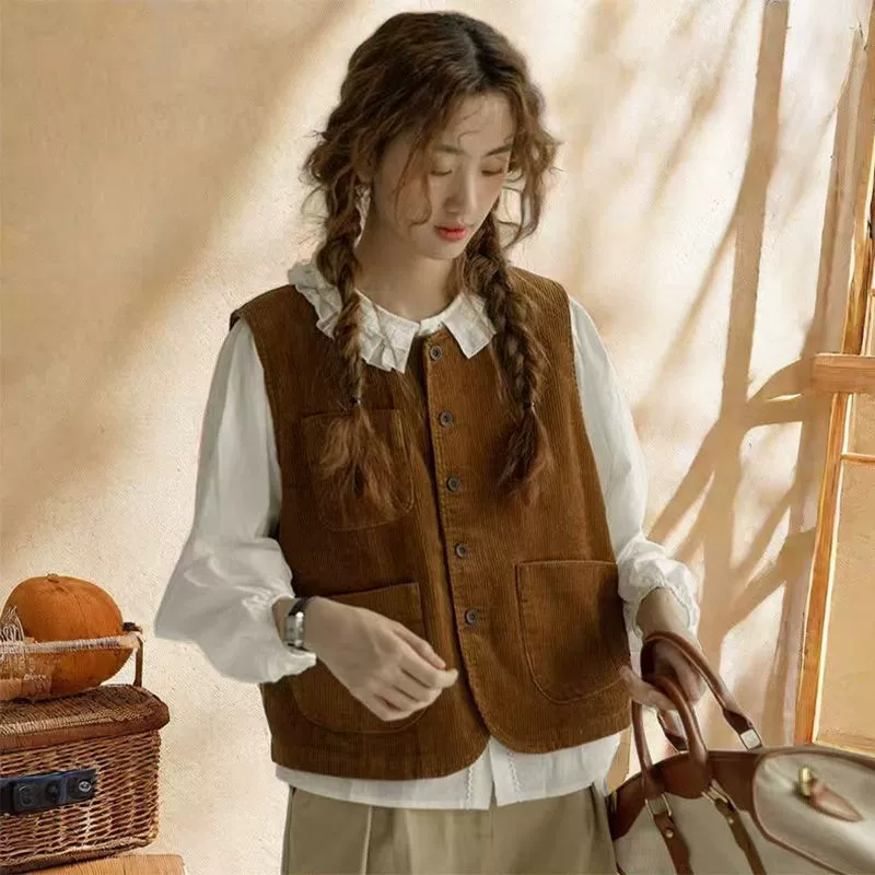 Вельветовый жилет в японском стиле, женский весенний жилет 2021, новый ретро-топ без рукавов, студенческий верхний жилет, куртка