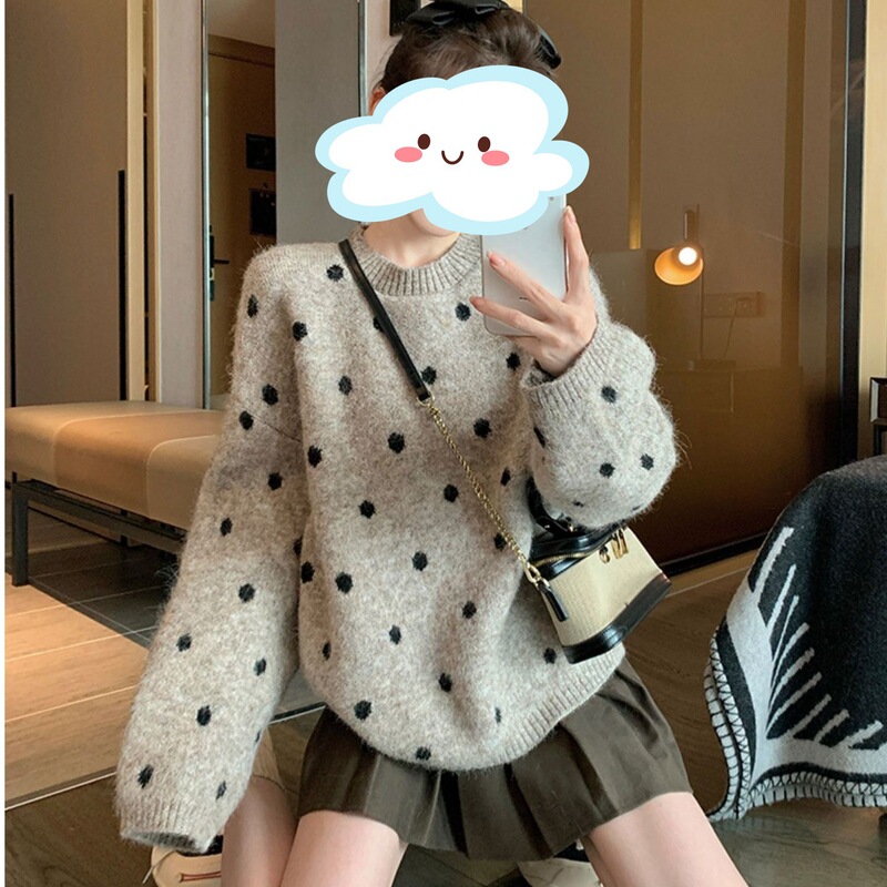 秋冬新款韩系慵懒风套头圆领毛衣女宽松百搭波点文艺针织上衣外穿|undefined
