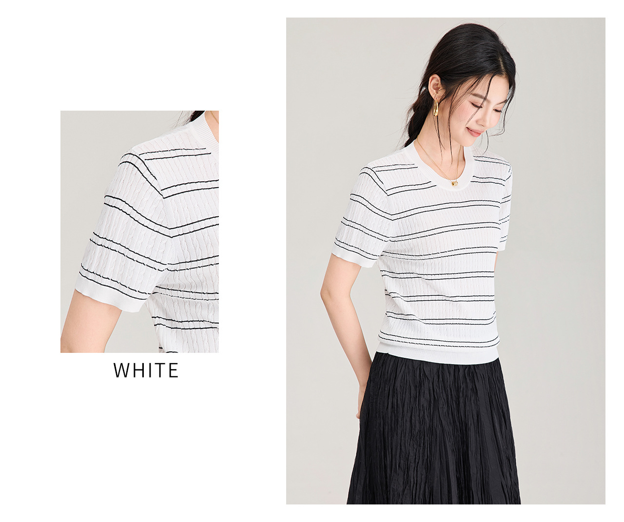 Áo thun dệt kim tay ngắn cổ tròn họa tiết sọc vintage nữ — màu xanh navy chi tiết 25
