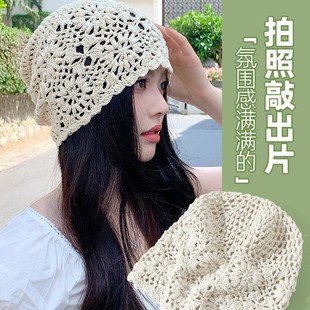 KJu Jingyi Knitted Hollow Bag Hat Women's Summer Thin Big Head Circumference Showing Face Small Art Heap Hat for Spring and Autumn Travel