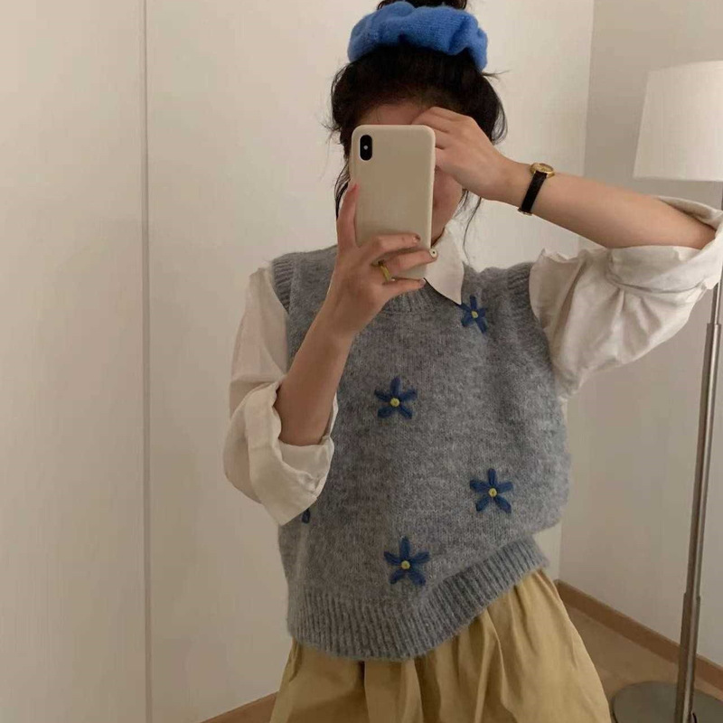 韩系甜美手工立体刺绣小花针织马甲上衣女秋冬款百搭圆领毛衣背心|undefined