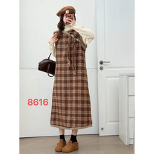 新中式格子拼接毛毛背心连衣裙女 2025年冬复古宽松中长款裙子