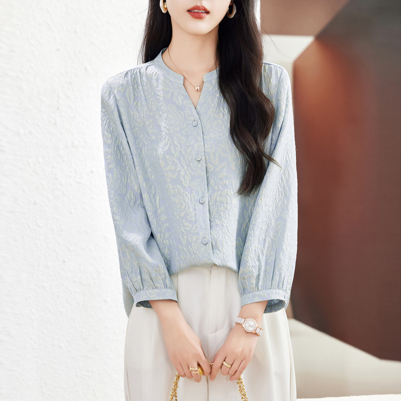 Gold Silk Crown Crepe Heavy Silk Shirt for Women, Three-Quarter Sleeve, 2026 New Summer V-Neck Loose Fit Mulberry Silk Top