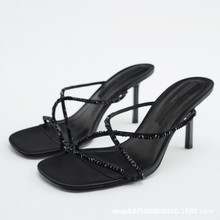 ZA2022夏季新品女鞋黑色棕色百搭气质细跟高跟亮面水钻时装凉鞋女