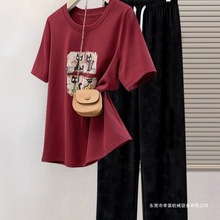 夏季穿搭一整套大码女装胖mm时尚减龄短袖T恤休闲阔腿裤显瘦套装