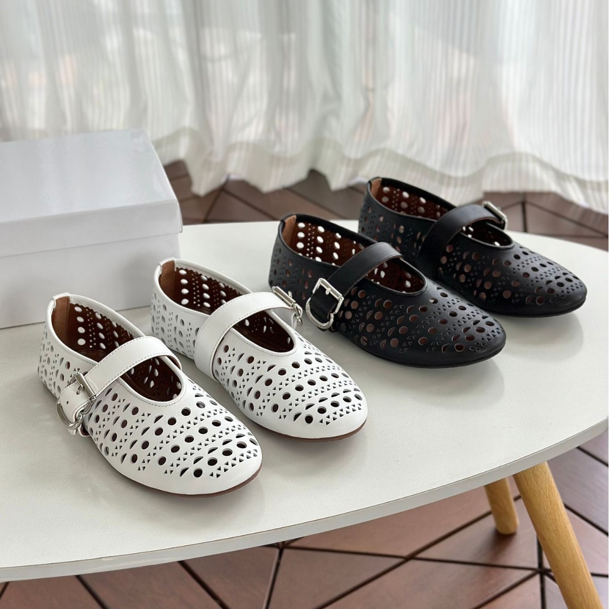 Wanyi Unlabeled Al Cut Out Genuine Leather Women's Mary Jane Flats-Soled One-Line Clogs Shallow-Mouthed French Ballet Sandals