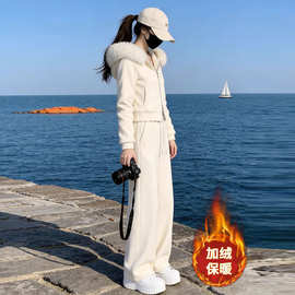 韩版2025加绒毛领连帽套装女冬季保暖休闲阔腿裤两件套运动穿搭潮