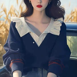 藏蓝色木耳边领针织卫衣早秋季新款女慵懒松弛别致上衣