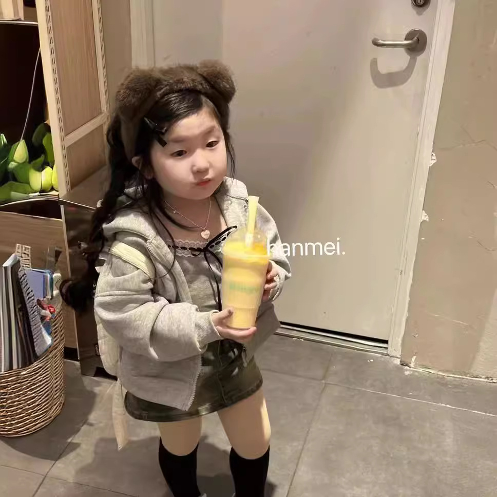 女童洋氣外套2024新款春裝韓版兒童寬鬆連帽衛衣休閒拉鏈外衣