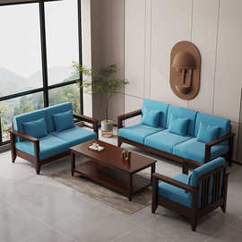 新中式全实木布艺沙发家用简约休闲冬夏两用小户型客厅三人位