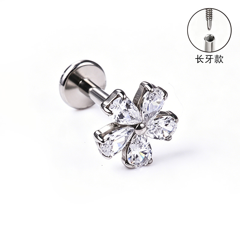 F136 Titanium Alloy Long Tooth Style Ear Studs, Finely Carved Ear Bone Studs with Zirconia, Lip Studs, G23 Titanium Body Piercing Jewelry detail image 8