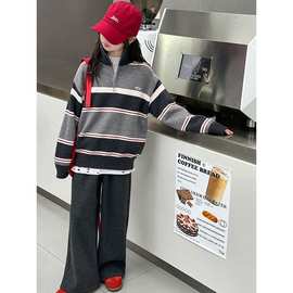 冬季中大女童半拉链毛衣新款冬装童装儿童条纹毛衣女孩套头针批发