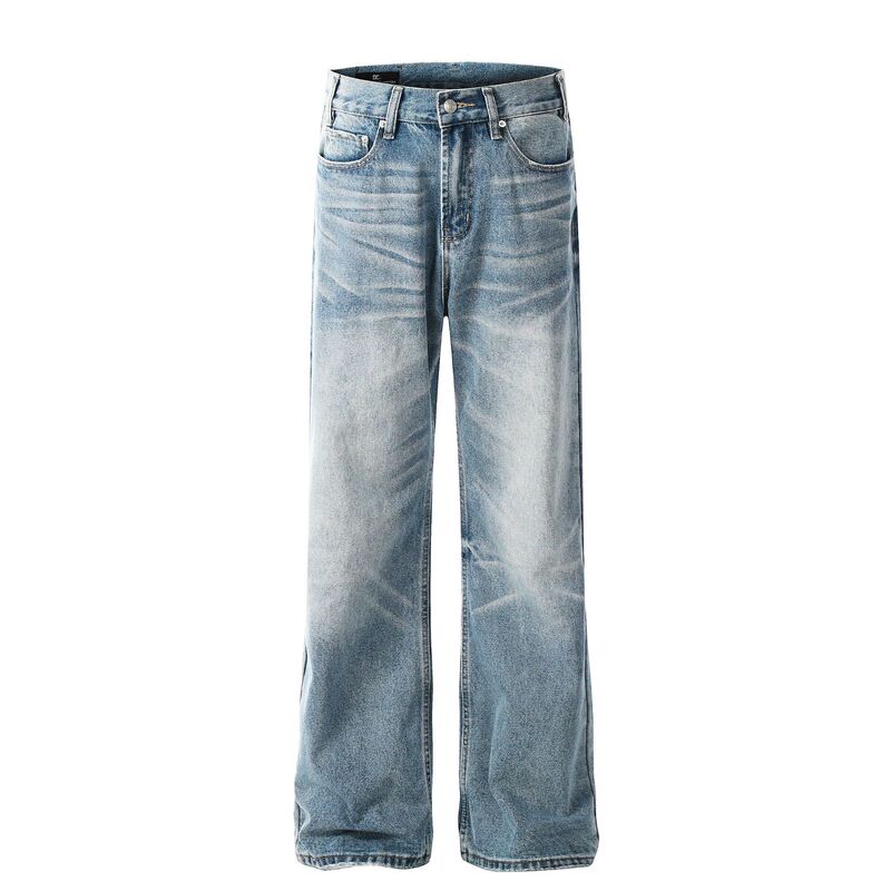 Fx067 American Retro High Street Style Unisex High-End Washed Blue Design Men's Loose Flared Jeans Fx067 American Retro High Street Style Unisex High-End Washed Blue Design Men's Loose Flared Jeans