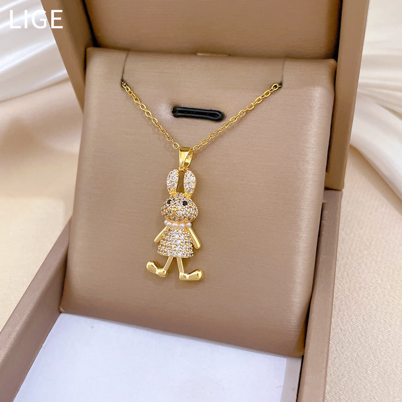 Luxurious Titanium Steel Pearl Rabbit Necklace With Full Diamond_voghion.com