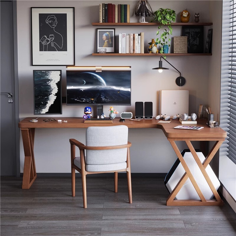 Solid Wood Corner Computer Desk Corner L-Shaped Desk Bookshelf Integrated Gaming Table Double Home Small Apartment Desk