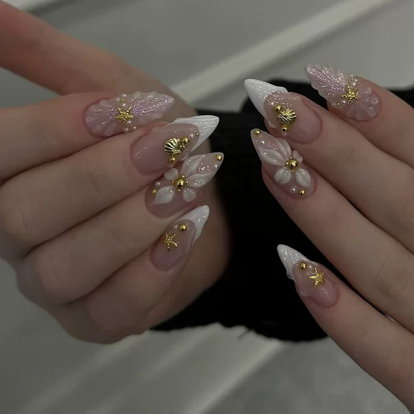 Foreign Trade Style 3D Flower French White-Edged Nail Tips Wearable Nails Simple Gold Star Fake Nails Nail Pieces