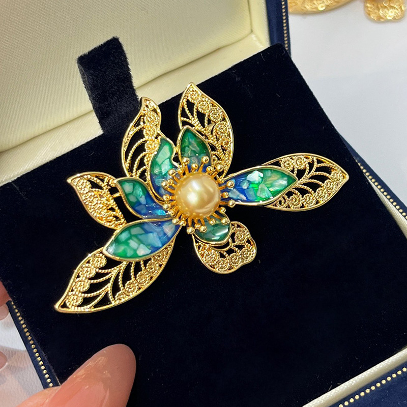 DIY Accessories High-End Hollow Flower Brooch Pendant Dual-Purpose Copper Gold-Plated Pin Women's Pearl Corsage Empty Holder