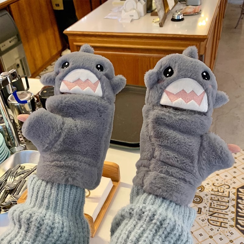 鲨鱼翻盖手套秋冬保暖女孩文创可爱韩版写字学生卡通动物加厚毛绒