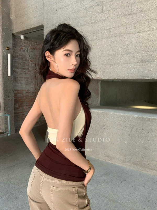 挂脖吊带上衣辣妹荡领假两件拼接修身露背美背无袖背心女夏天衣服|undefined