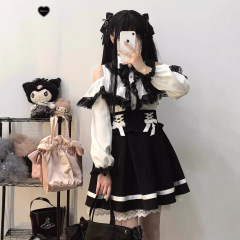 日系甜美蕾丝花边露肩长袖衬衫+Lolita蝴蝶结绑带蓬蓬裙两件套