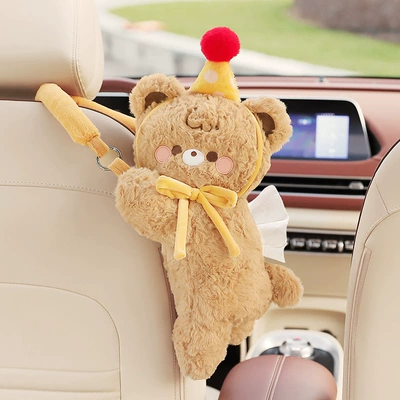Car Tissue Box Plush Bear Car Tissue Hanging Bag Creative Car Tissue Box Cartoon Car Interior Supplies (Car tissue box/set) - hat-bear-hanging-tissue-box