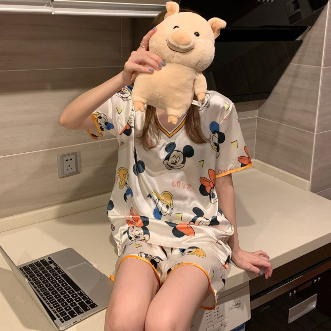 Pijamas de verano para mujer, de seda helada, manga corta, cuello en V, talla grande, novedad 2024, con estampado de dibujos animados.