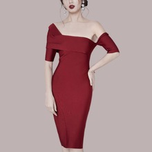 跨境2021優雅小紅裙宴會派對洋裝禮服裙氣質單肩露肩紅色晚禮服