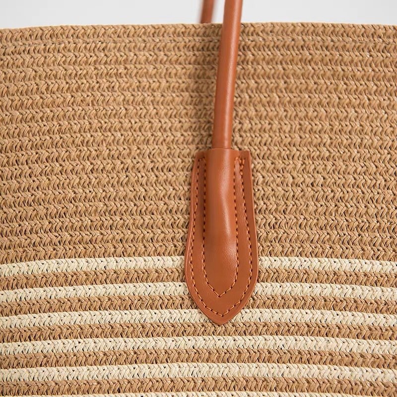 New Summer Striped Single Shoulder Commuting Straw Woven Bag, New Large Capacity Casual And Fashionable Women's Beach Tote Bag_voghion.com