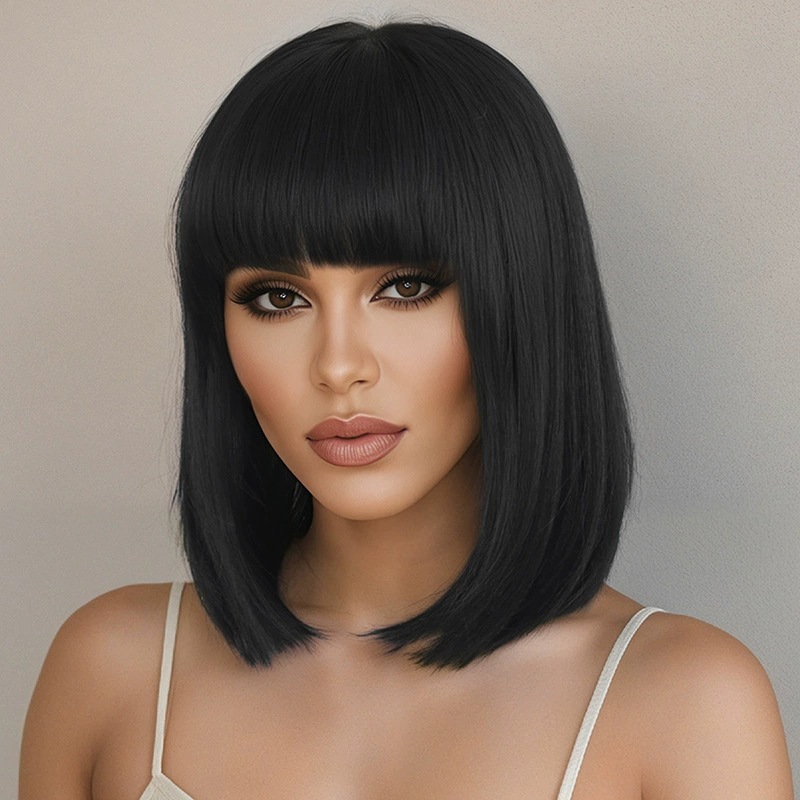 Fashionable Synthetic Fiber Wig For Women Medium Length Straight Hair With Bangs Style Button And Mesh Design_voghion.com