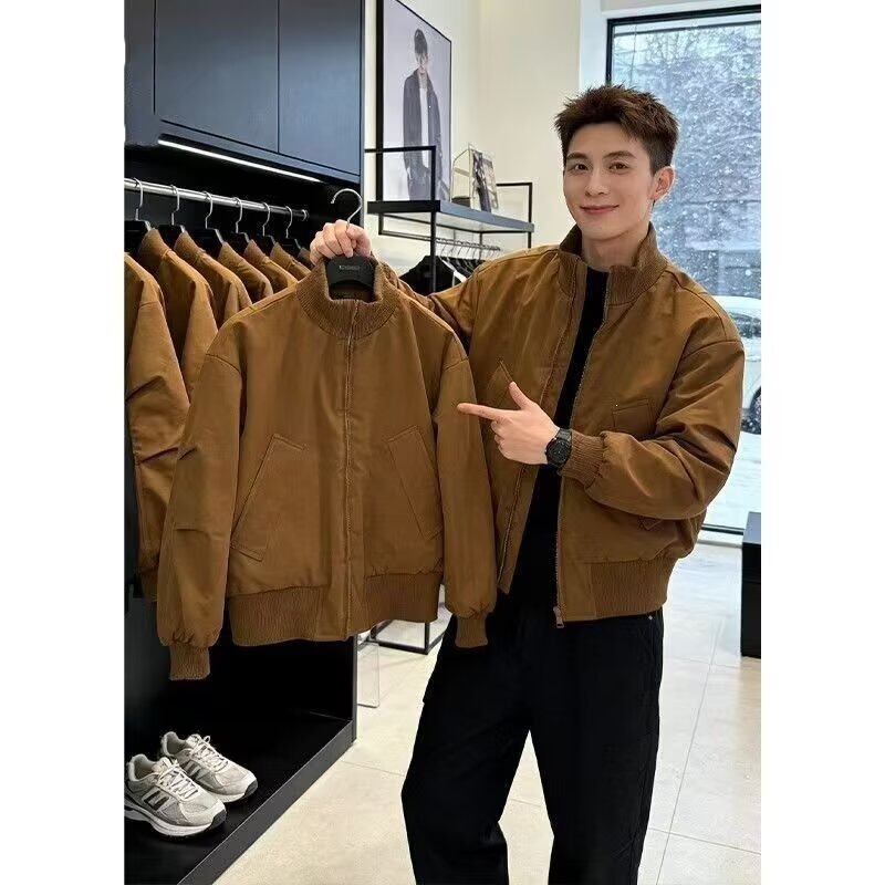 American-style brown stand-up collar jacket for men, spring and autumn, loose fit, versatile bomber baseball jacket, trendy brand outerwear American-style brown stand-up collar jacket for men, spring and autumn, loose fit, versatile bomber baseball jacket, trendy brand outerwear