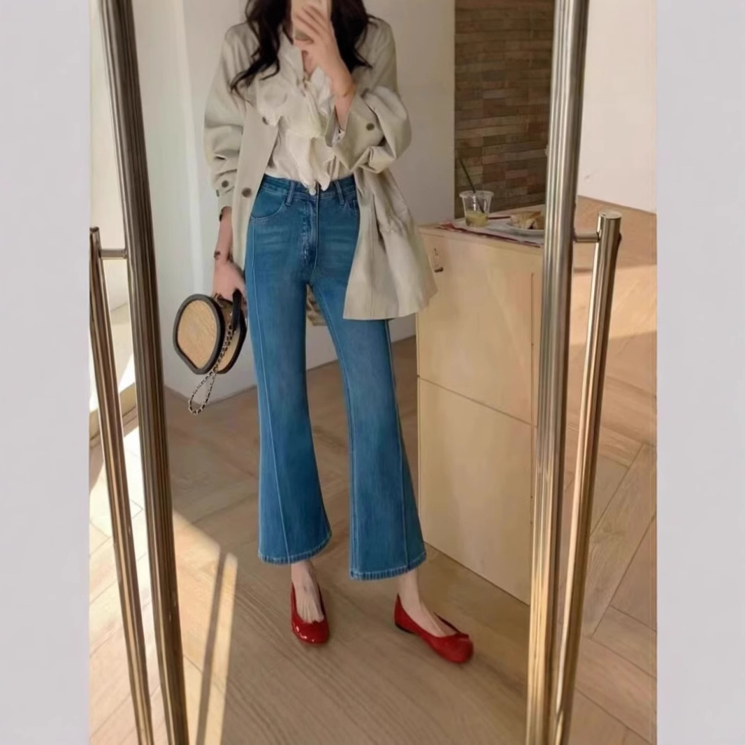 Petite Flared Design Jeans for Women 2025 New High-Waisted Slim-Fit Versatile Cropped Pants