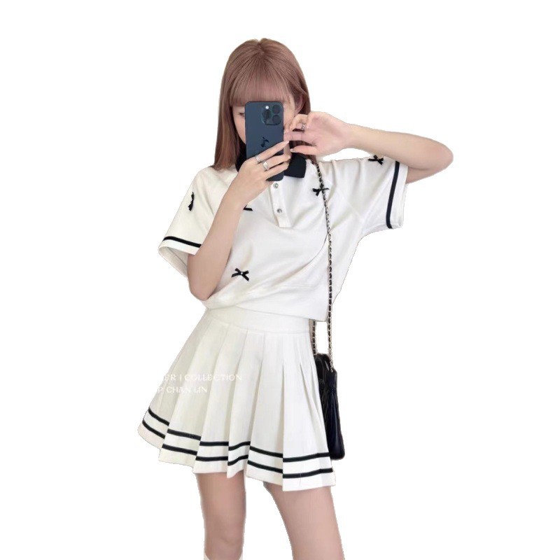 TOP学院时尚套装女夏季撞色立体蝴蝶结短袖T恤高腰百褶裙两件套|undefined