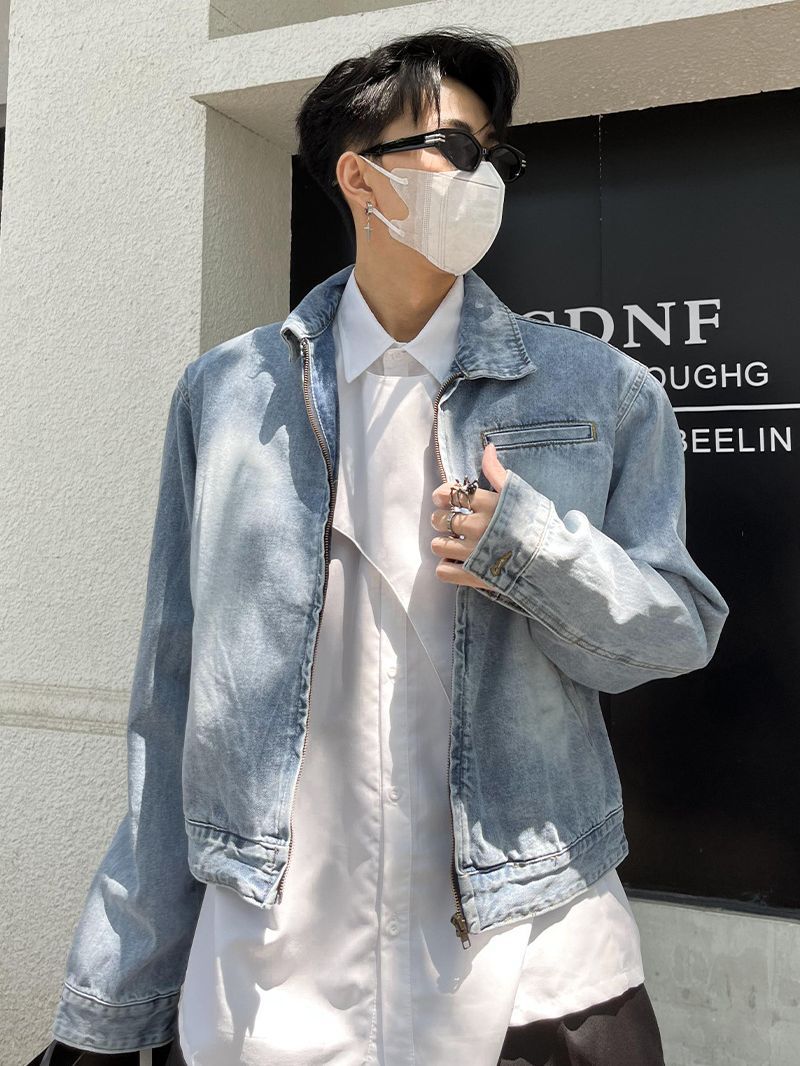 Hombrera nicho de diseño de alto grado corto otoño vintage lavado Denim chaqueta abrigo hombres ins ruoshuai