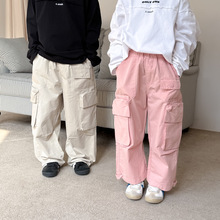 童裤2025春款男女童韩版纯色休闲工装直筒裤儿童宽松大口袋阔腿裤