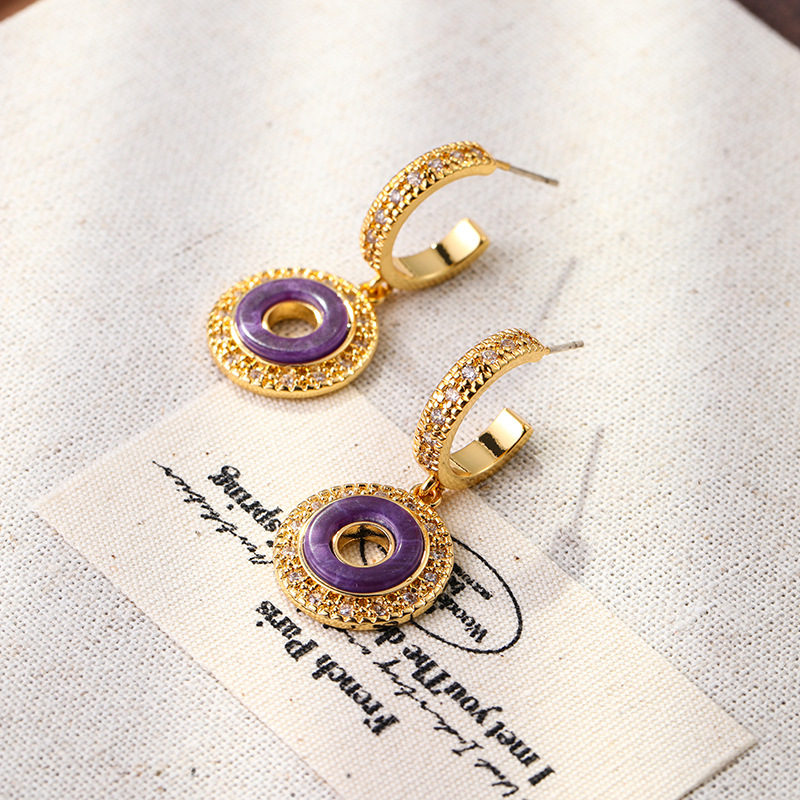 Qingdao Jewelry Retro Geometric Ring Amethyasic Micro-inlaid Zircon Light Luxury Silver Earrings High-end Sense Niche Earrings for Women