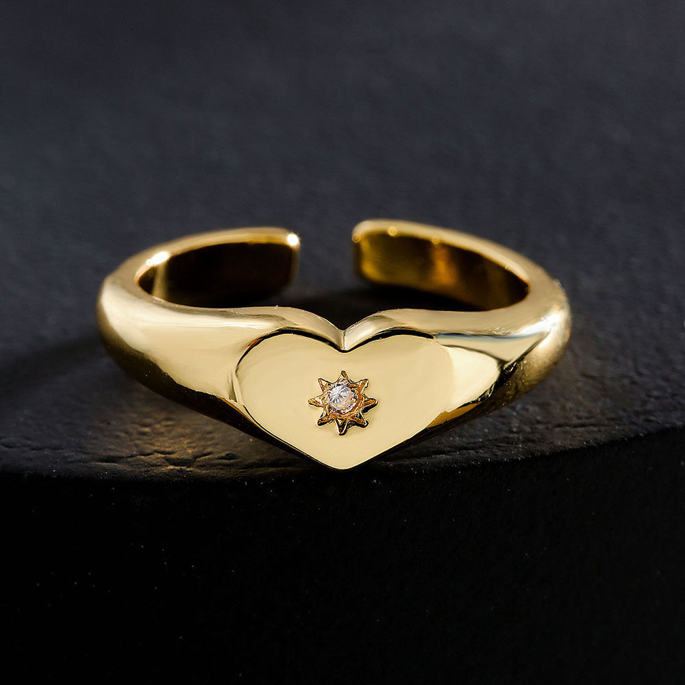 fashion copper 18K gold zircon heart geometric open ring female wholesale