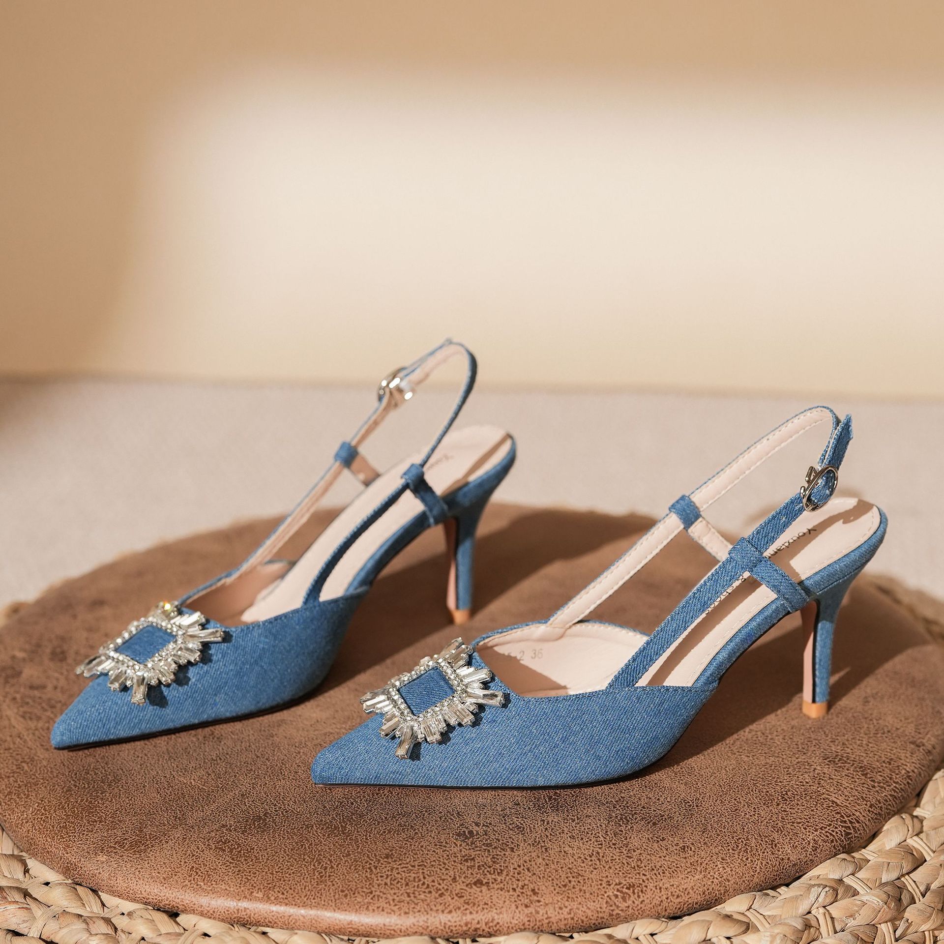 7755-2 Denim Blue Style Open Back High Heels With Rhinestones For Commuting And Work_voghion.com