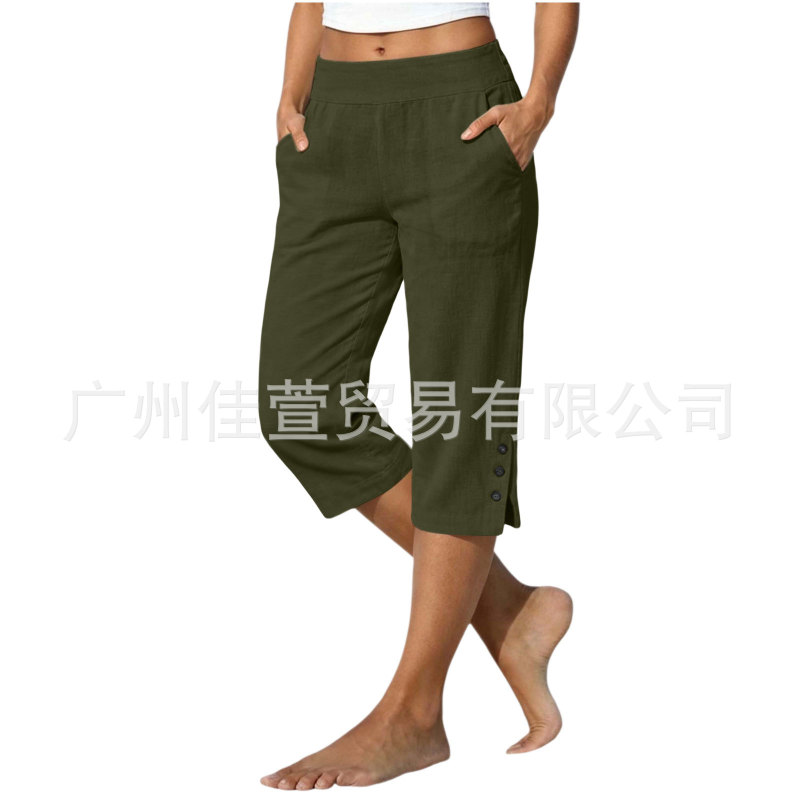 Women's Summer Cotton and Linen Solid Color Loose Straight-Leg Pants with Pockets, Side Slit, Buttoned, Cropped Pants, Women's Long Pants Women's Summer Cotton and Linen Solid Color Loose Straight-Leg Pants with Pockets, Side Slit, Buttoned, Cropped Pants, Women's Long Pants