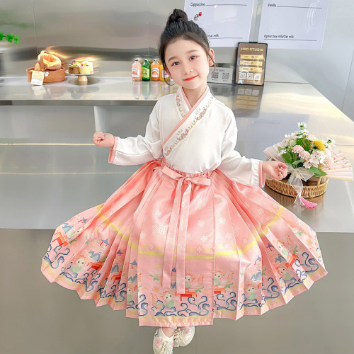 2024 New Girls Hanfu Spring and Autumn Clothing Children's Ruskirt Chinese Style Horse Face Skirt Little Girl Tang Suit Dress Trendy