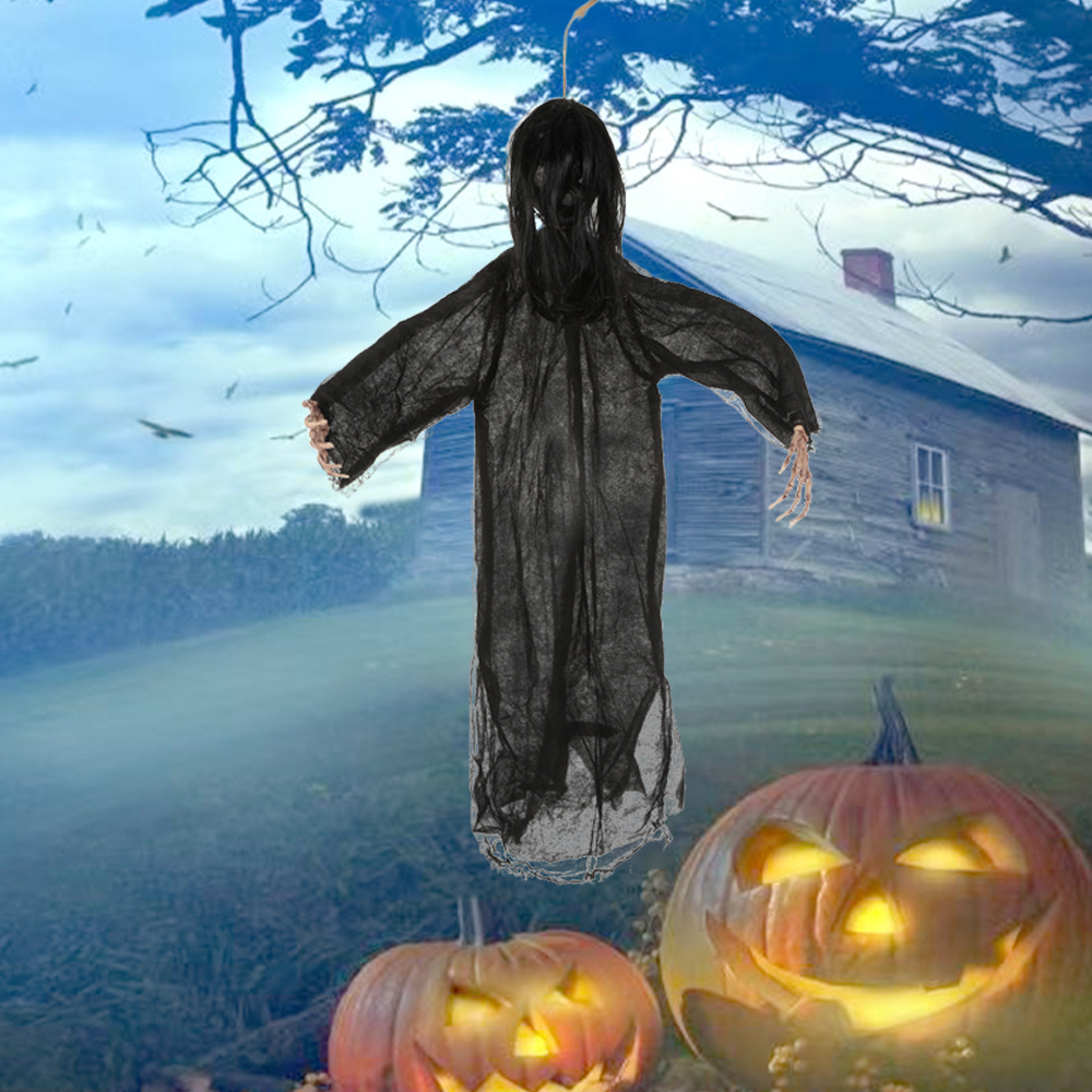 Accesorios de decoración de Halloween transfronterizos, fantasma femenino vestido de negro, fantasma colgante, control de voz, horror, habitación secreta, fiesta de casa embrujada