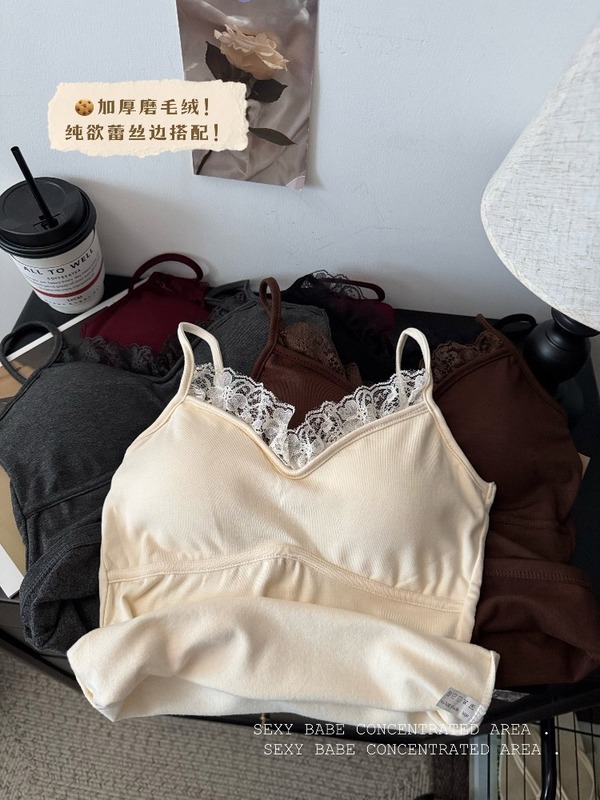 蕾丝花边拼接磨毛加厚吊带背心女秋冬内搭修身带胸垫裹胸打底上衣|undefined
