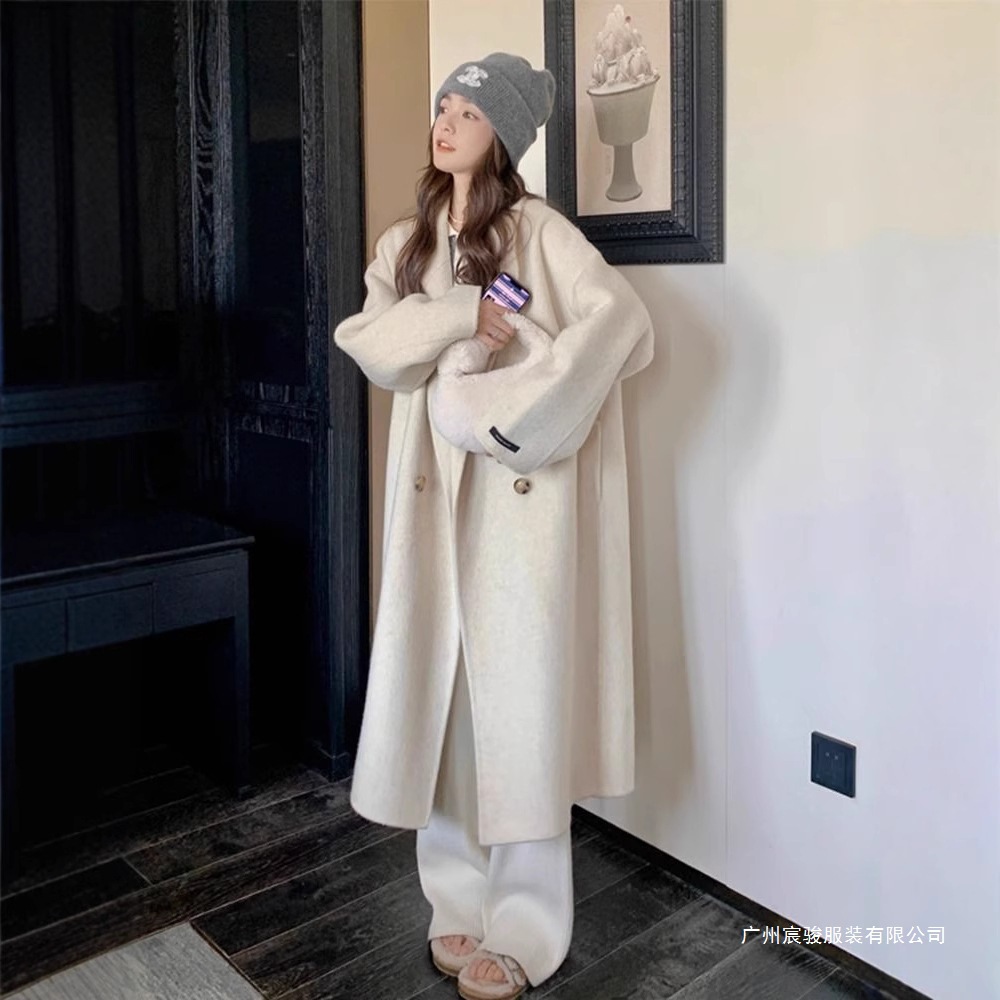 Off-White Double-Sided Velvet Outwear for Women over the Knee 2025 Autumn and Winter New Cocoon-Shaped Korean Style Gentle Style Woolen Outwear Long Sleeves