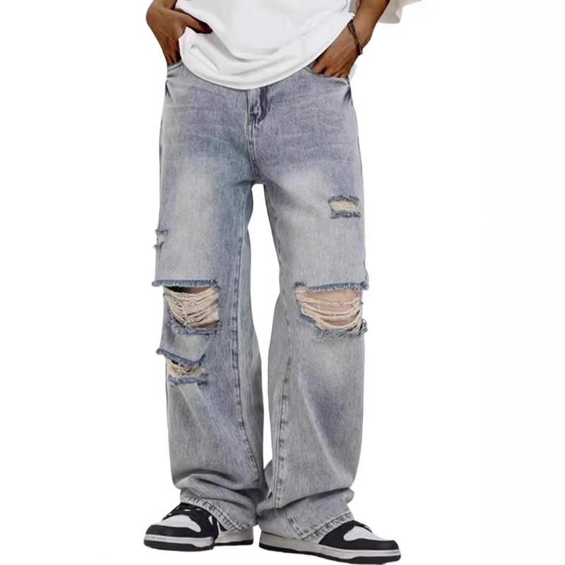 Men's Loose Ripped Jeans, Wide-Leg, Vintage-Style Loose Men's Distressed Jeans
