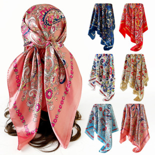 90cm атлас сатин большой квадратный шарф чалма кешью сращивание печать шарфы мексика горячий модель scarf