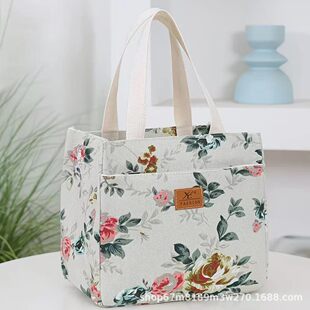 Handheld portable retro lunch box, capacious storage bag to go out for mother and baby, flowered
