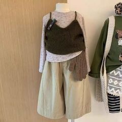 女童套装秋装新款女孩碎花长袖t恤打底衫叠穿针织吊带阔腿裤